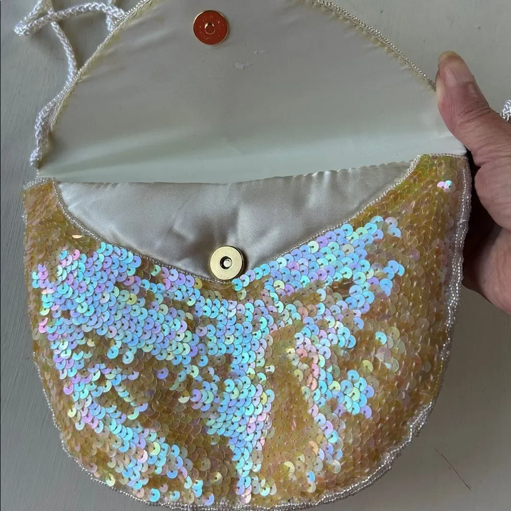 Vintage Shell Kepler Lacy After Noon Iridescent Yellow Sequin Bow Clutch